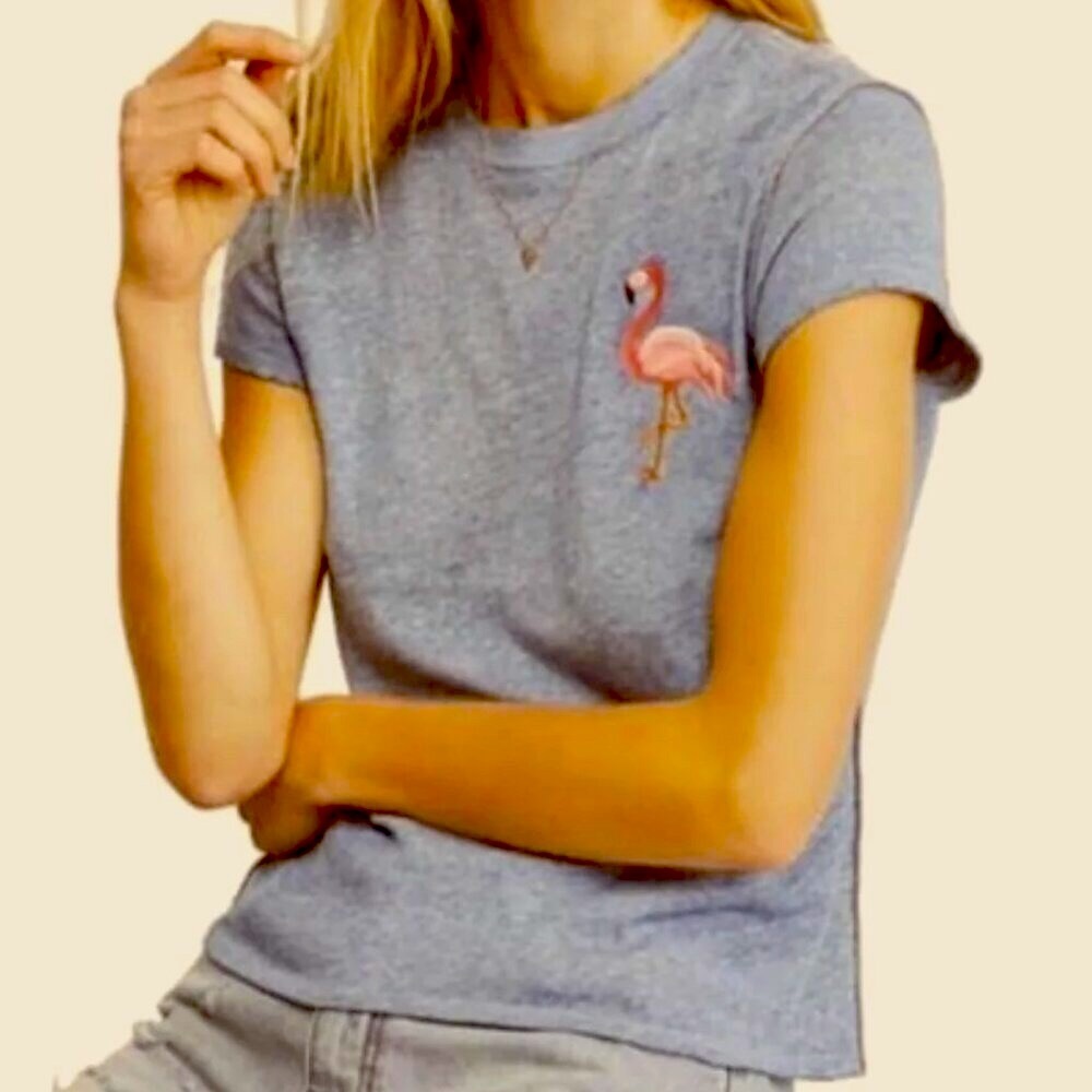 NWT FREE PEOPLE We the Free Embroidered Pink Flamingo Storm Cloud T-Shirt XS